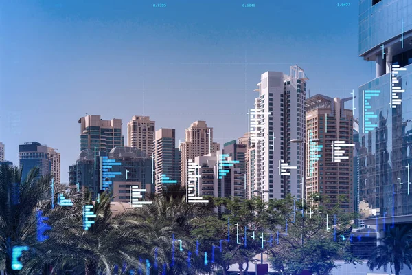 Vista panorâmica de arranha-céus de aço e vidro da Marina do Dubai. Cidade moderna da capital dos Emirados Árabes Unidos. Centro de serviços financeiros. FOREX gráfico e gráfico conceito. Dupla exposição. — Fotografia de Stock