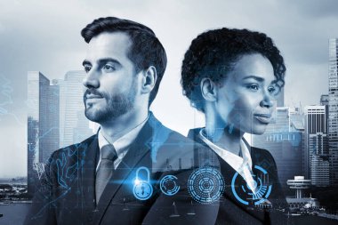 Çok uluslu şirket ekibindeki iki meslektaşım siber güvenlik uyum departmanında müşterileri gizli bilgilerden korumak için kariyer fırsatları düşünüyor. Bilişim teknolojisi simgeleri Singapur üzerine kilitlendi.