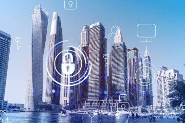 Şehir merkezindeki Dubai gökdelenleri. Uluslararası ticaret ve finansal hizmetler merkezi. Simge hologramını kilitle, veri güvenliği kavramı. Çifte maruziyet. Dubai Kanalı Rıhtımı.