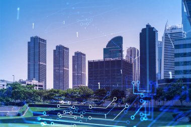 Panoramik manzaralı gökdelenler. Dubai Emirliğinin başkentinin modern şehri. Teknoloji konsepti. Çift pozlama.