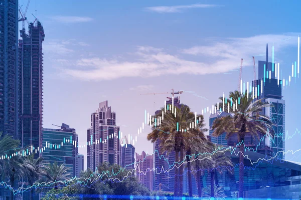 Panoramic view of steel and glass skyscrapers of Dubai Marina. Modern cityscape of the capital of the UAE. Financial services hub. FOREX graph and chart concept. Double exposure. — Stock Photo, Image