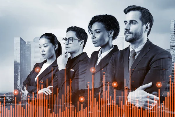 Group of business colleagues working on new venture capital and hi-tech start up and try to forecast risks and estimate prospective earning growth. Hologram chart on Singapore background. — Stock Photo, Image