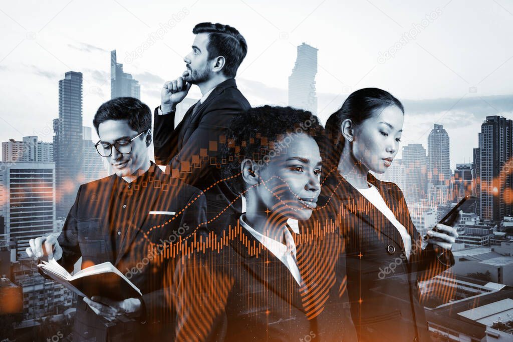 Group of business colleagues in suits as a part of multinational corporate team working on forecasting trading corporate strategy at fund. Forex chart. Bangkok on background. Double exposure