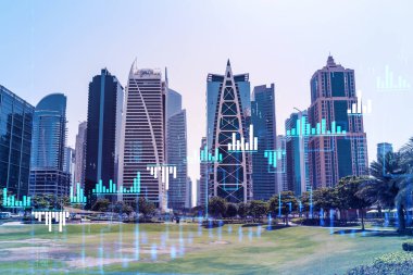 Dubai Marina 'nın çelik ve cam gökdelenlerinin panoramik manzarası. BAE 'nin başkentinin modern şehri. Finansal hizmetler merkezi. FOREX grafik ve grafik konsepti. Çift pozlama.