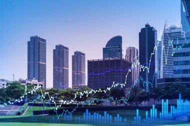 Dubai Marina 'nın çelik ve cam gökdelenlerinin panoramik manzarası. BAE 'nin başkentinin modern şehri. Finansal hizmetler merkezi. FOREX grafik ve grafik konsepti. Çift pozlama.