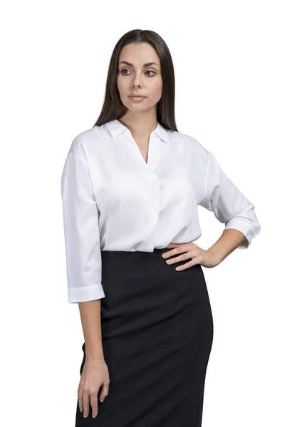 Businesswoman in shirt and skirt standing isolated over white background — Stock Photo, Image
