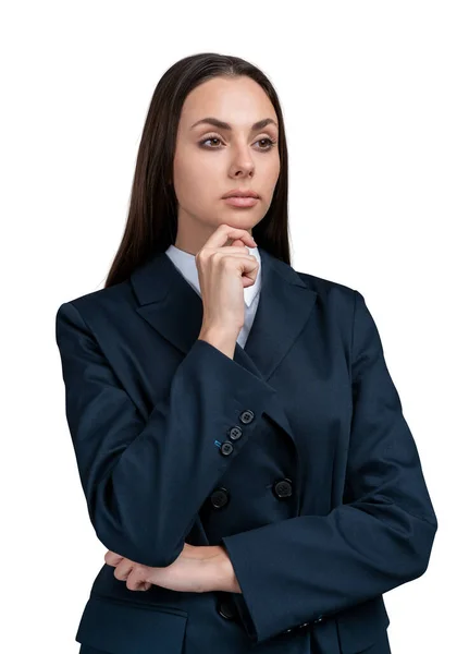 Geschäftsfrau im Büroanzug denkt isoliert über weißem Hintergrund — Stockfoto