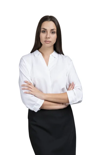 Mujer de negocios en camisa y falda brazos cruzados aislados sobre fondo blanco —  Fotos de Stock