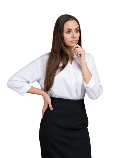 Femme d'affaires en chemise et jupe pensée isolé sur fond blanc — Photo