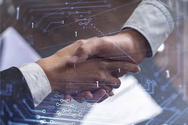 Handshake of two businesspeople as agreement concept to develop a new software to improve service at a company. Technological icons. Woman in business. — Stock Photo, Image