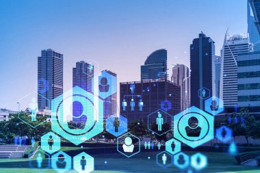 Panoramik manzaralı gökdelenler. Dubai Emirliğinin başkentinin modern şehri. İşe alım ve sosyal ilişkiler kavramı. Çift pozlama.