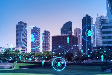 Panoramik manzaralı gökdelenler. Dubai Emirliğinin başkentinin modern şehri. İşe alım ve sosyal ilişkiler kavramı. Çift pozlama.