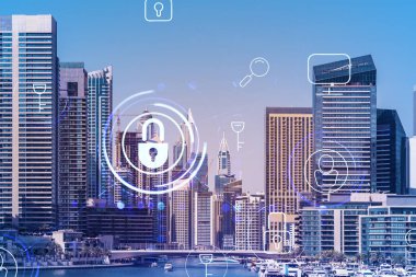 Şehir merkezindeki Dubai gökdelenleri. Uluslararası ticaret ve finansal hizmetler merkezi. Simge hologramını kilitle, veri güvenliği kavramı. Çifte maruziyet. Dubai Kanalı Rıhtımı.