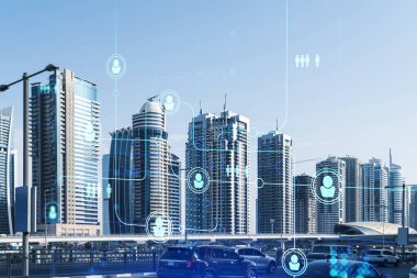 Şehir merkezinin gökdelenleri, BAE. Dubai Emirliği 'nin başkentinin modern silueti. Sosyal ağ konsepti. Çifte maruziyet. İnsanlar ağ simgeleri.