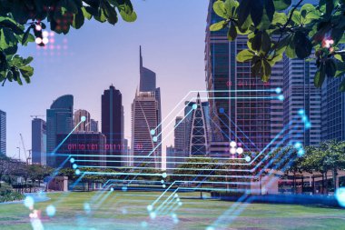 Panoramik manzaralı gökdelenler. Dubai Emirliğinin başkentinin modern şehri. Teknoloji konsepti. Çift pozlama.