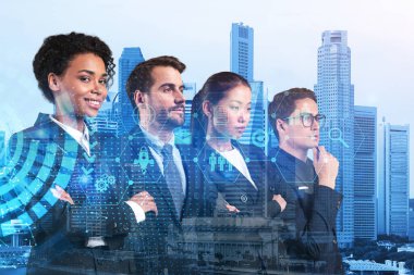 Bir grup iş arkadaşı araştırma ve geliştirme departmanındaki problemleri çözmek için yeni teknik yaklaşımlar bulmaya çalışıyor. Singapur arkaplanı üzerinde Fintech hologram simgeleri.