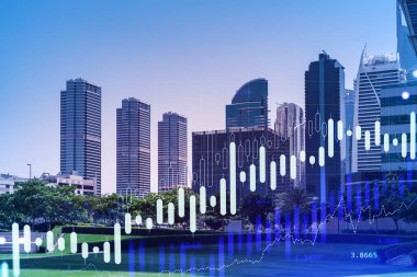 Dubai Marina 'nın çelik ve cam gökdelenlerinin panoramik manzarası. BAE 'nin başkentinin modern şehri. Finansal hizmetler merkezi. FOREX grafik ve grafik konsepti. Çift pozlama.