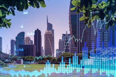 Dubai Marina 'nın çelik ve cam gökdelenlerinin panoramik manzarası. BAE 'nin başkentinin modern şehri. Finansal hizmetler merkezi. FOREX grafik ve grafik konsepti. Çift pozlama.