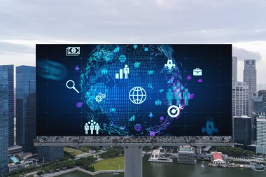 Dünya gezegeni hologram ve sosyal medya simgeleri Singapur, Güneydoğu Asya 'nın Panorama City manzarası üzerinde. İnsanların ağ kurma ve bağlantı kurma kavramı.