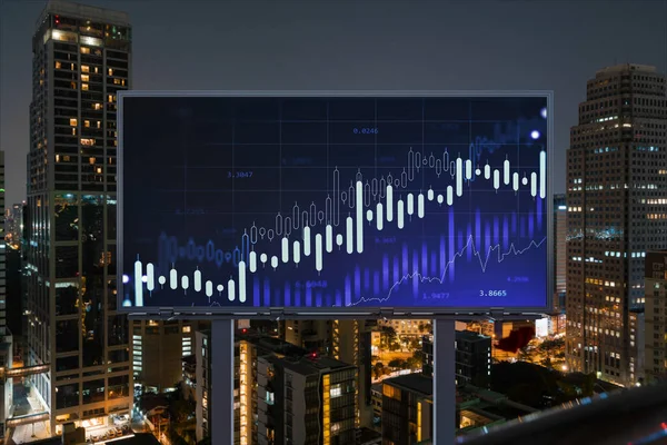 FOREX graph hologram on billboard, aerial night panoramic cityscape of Bangkok. The developed location for stock market researchers in Southeast Asia. The concept of fundamental analysis — Stock Photo, Image