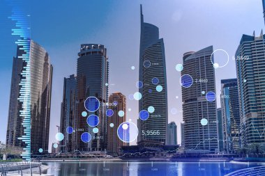 Şehir merkezindeki Dubai gökdelenleri. Batı Asya 'nın uluslararası ticaret ve finans merkezi. FOREX grafik ve grafik konsepti. Çifte maruziyet. Dubai Kanalı Rıhtımı.