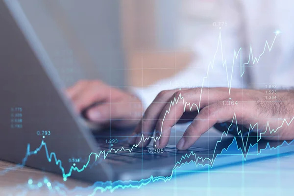 Hands typing the keyboard to research stock market to proceed right investment solutions. Internet trading and wealth management concept. Formal wear. Hologram Forex chart over close up shot. — Stock Photo, Image