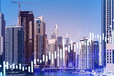 Şehir merkezindeki Dubai gökdelenleri. Batı Asya 'nın uluslararası ticaret ve finans merkezi. FOREX grafik ve grafik konsepti. Çifte maruziyet. Dubai Kanalı Rıhtımı.