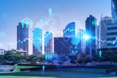 Panoramik manzaralı gökdelenler. Dubai Emirliğinin başkentinin modern şehri. İşe alım ve sosyal ilişkiler kavramı. Çift pozlama.