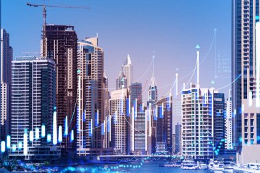 Şehir merkezindeki Dubai gökdelenleri. Batı Asya 'nın uluslararası ticaret ve finans merkezi. FOREX grafik ve grafik konsepti. Çifte maruziyet. Dubai Kanalı Rıhtımı.