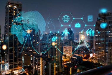 Araştırma ve teknolojik gelişim simgeleri parlıyor. Bangkok 'un panoramik şehir manzarası. Asya 'da yeni hizmetleri veya ürünleri genişleten yenilikçi faaliyetler kavramı. Çift pozlama.