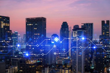 Parlak teknolojik süreç hologramı, gün batımında Bangkok 'un havadan panoramik manzarası. Asya 'daki en büyük yenilikçi teknoloji merkezi. Çoklu pozlama.