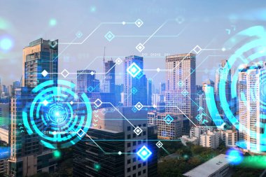 Parlak teknolojik süreç hologramı, gün batımında Bangkok 'un havadan panoramik manzarası. Asya 'daki en büyük yenilikçi teknoloji merkezi. Çoklu pozlama.