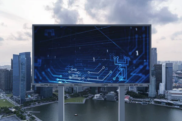 Glowing hologram of technological process on billboard, aerial panoramic cityscape of Singapore at sunset. The largest innovative hub of tech services in Southeast Asia.