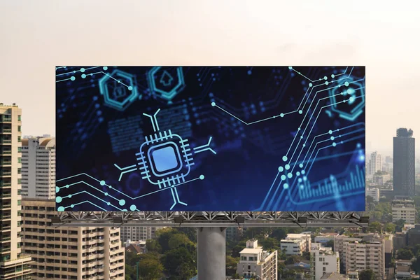 Technology hologram on billboard over panorama city view of Bangkok. The largest tech hub in Southeast Asia. The concept of developing coding and high-tech science.