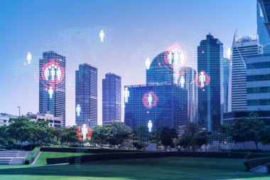 Panoramik manzaralı gökdelenler. Dubai Emirliğinin başkentinin modern şehri. İşe alım ve sosyal ilişkiler kavramı. Çift pozlama.