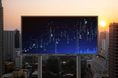 İlan panosunda parlayan FOREX grafiği, gün batımında Bangkok 'un panoramik şehir manzarası. Güneydoğu Asya 'da hisse ve tahvil ticareti. Fon yönetimi kavramı.