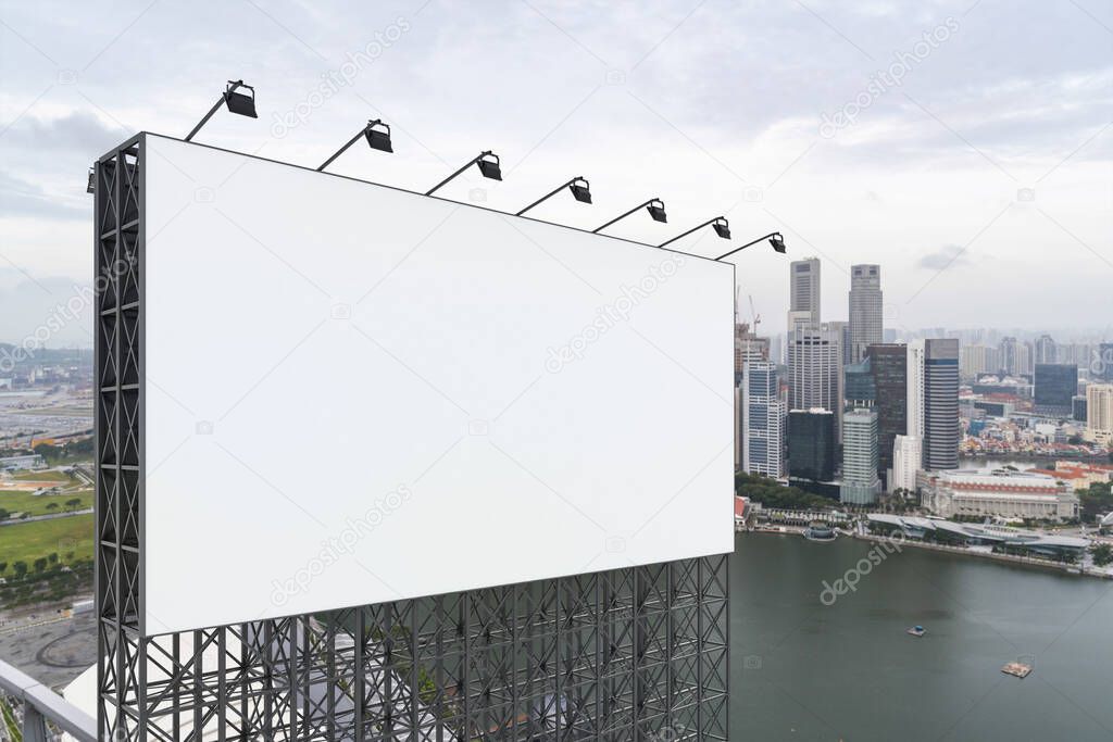Blank white road billboard with Singapore cityscape background at day time. Street advertising poster, mock up, 3D rendering. Side view. The concept of marketing communication or sell idea.