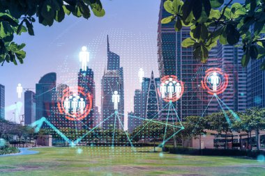 Panoramik manzaralı gökdelenler. Dubai Emirliğinin başkentinin modern şehri. İşe alım ve sosyal ilişkiler kavramı. Çift pozlama.