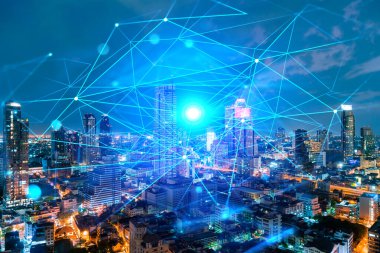 Soyut teknoloji simgeleri, Bangkok, Asya 'nın gece panoramik şehir manzarası. Uluslararası iş sürecini optimize etmek için yenilikçi yaklaşım kavramı. Çift pozlama.