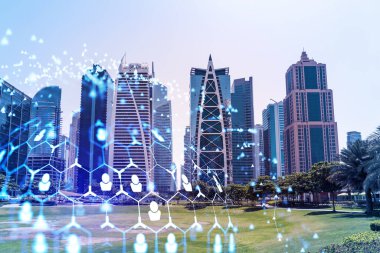 Panoramik manzaralı gökdelenler. Dubai Emirliğinin başkentinin modern şehri. İşe alım ve sosyal ilişkiler kavramı. Çift pozlama.