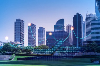 Dubai Marina 'nın çelik ve cam gökdelenlerinin panoramik manzarası. BAE 'nin başkentinin modern şehri. Finansal hizmetler merkezi. FOREX grafik ve grafik konsepti. Çift pozlama.