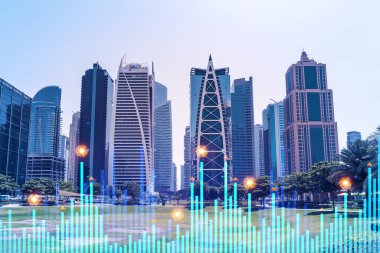 Dubai Marina 'nın çelik ve cam gökdelenlerinin panoramik manzarası. BAE 'nin başkentinin modern şehri. Finansal hizmetler merkezi. FOREX grafik ve grafik konsepti. Çift pozlama.