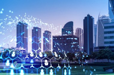 Panoramik manzaralı gökdelenler. Dubai Emirliğinin başkentinin modern şehri. İşe alım ve sosyal ilişkiler kavramı. Çift pozlama.