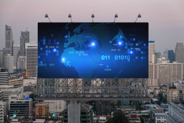 Glowing hologram of Earth planet map on billboard over aerial panoramic cityscape of Bangkok at sunset. The concept of international business in Southeast Asia. clipart