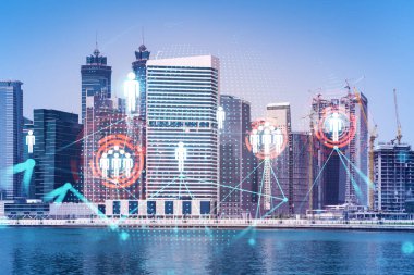 Şehir merkezindeki Dubai gökdelenleri. Uluslararası ticaret ve finansal hizmetler merkezi. Sosyal ağ simgeleri hologram, insanların bağlantı konsepti. Çifte maruziyet. Dubai Kanalı Rıhtımı.