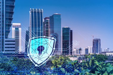 Panoramik manzaralı gökdelenler. Dubai Emirliğinin başkentinin modern şehri. Finansal hizmetler merkezi. Bilgi güvenliği kavramı. Kilit simgesi. Çift pozlama.