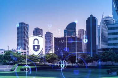 Panoramik manzaralı gökdelenler. Dubai Emirliğinin başkentinin modern şehri. Finansal hizmetler merkezi. Bilgi güvenliği kavramı. Kilit simgesi. Çift pozlama.