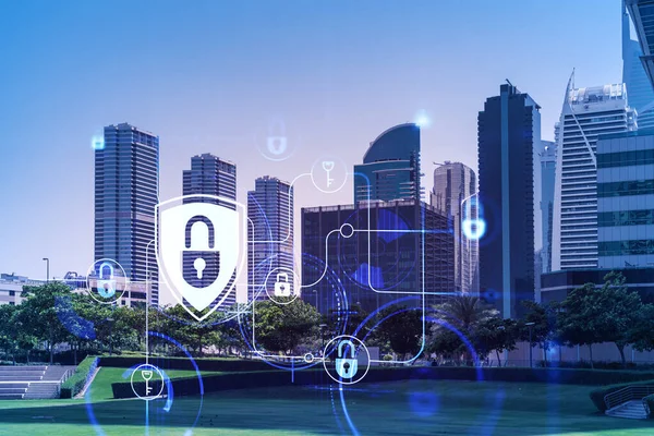 Panoramik manzaralı gökdelenler. Dubai Emirliğinin başkentinin modern şehri. Finansal hizmetler merkezi. Bilgi güvenliği kavramı. Kilit simgesi. Çift pozlama.