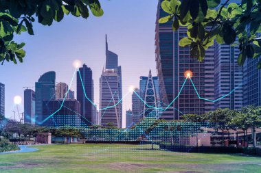 Dubai Marina 'nın çelik ve cam gökdelenlerinin panoramik manzarası. BAE 'nin başkentinin modern şehri. Finansal hizmetler merkezi. FOREX grafik ve grafik konsepti. Çift pozlama.