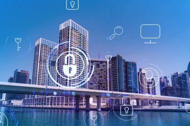 Şehir merkezindeki Dubai gökdelenleri. Uluslararası ticaret ve finansal hizmetler merkezi. Simge hologramını kilitle, veri güvenliği kavramı. Çifte maruziyet. Dubai Kanalı Rıhtımı.